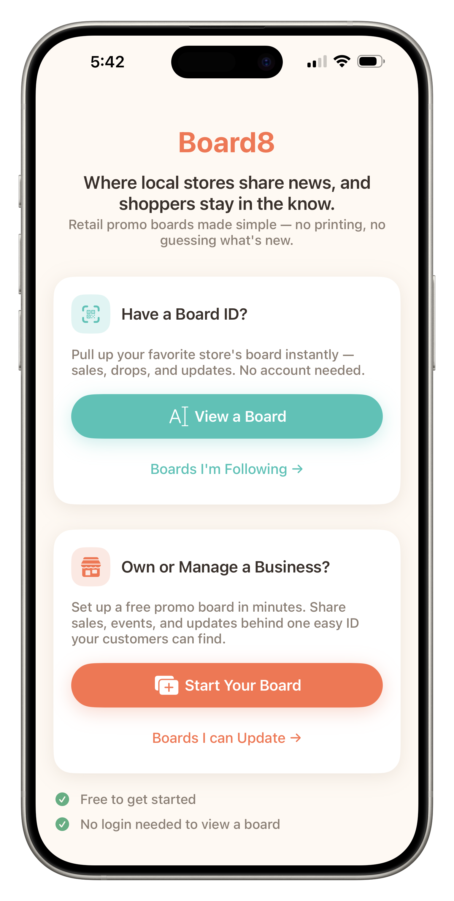 Board8 app landing screen showing 'Have a Board ID?' and 'Own or Manage a Business?' options