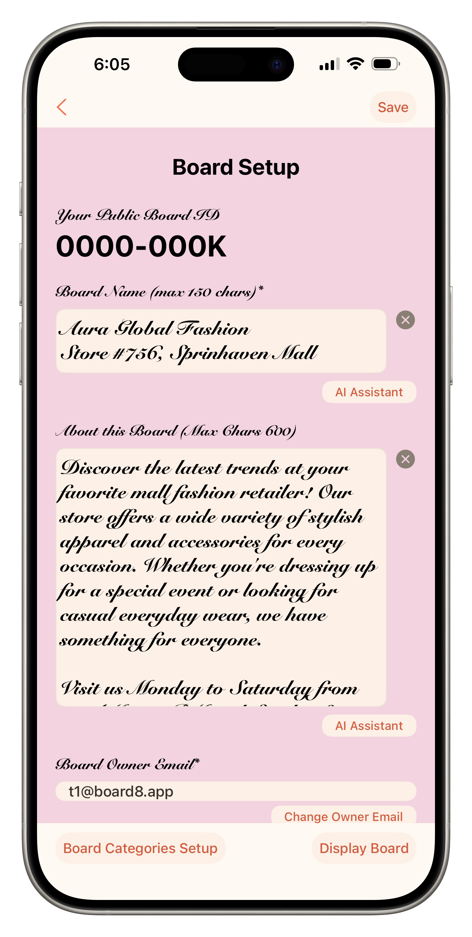 Board8 board setup screen showing a custom pink theme and script font